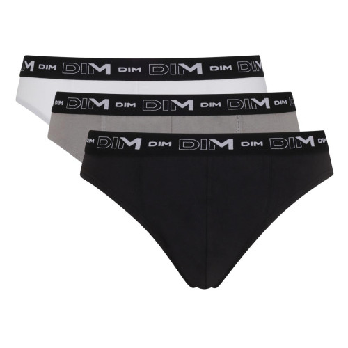 Pack de 3 Slips Coton Stretch - Ceinture Siglée Noir / Gris / Blanc en tissu Dim Underwear  - Sous vetement homme