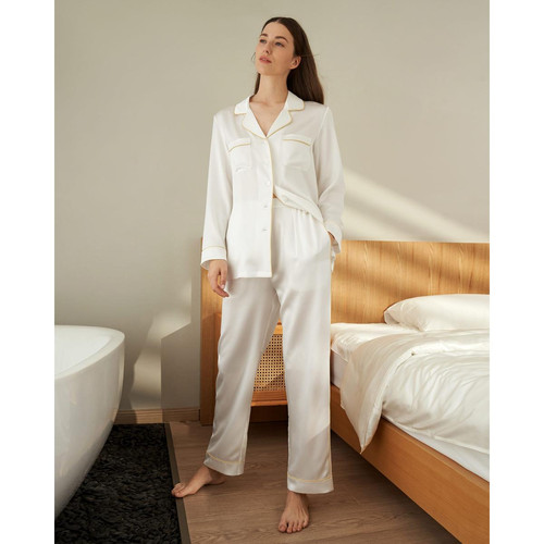 22MM Ensemble Pyjama à Passepoil d'Or en Soie blanc LilySilk  - Nouveautés lingerie et maillot grande taille
