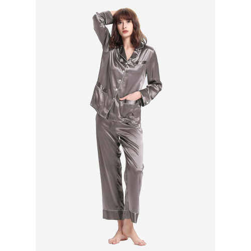 Pyjama en Soie Femme  Liseré Contrastant gris foncé LilySilk  - Lingerie de Nuit et Nuisettes Grande Taille