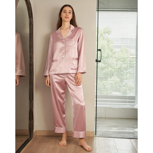 Pyjama en Soie Femme  Liseré Contrastant rose poudre LilySilk  - Lingerie de Nuit et Nuisettes Grande Taille