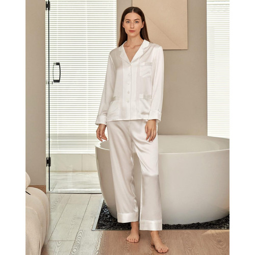 Pyjama en Soie Femme  Liseré Contrastant blanc - LilySilk - Promo fitancy lingerie grande taille