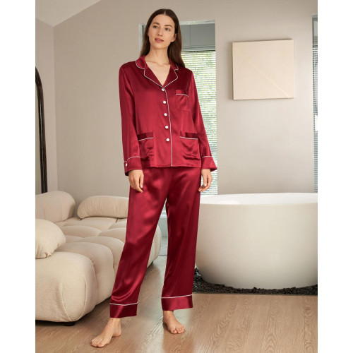 Pyjama en Soie Femme  Liseré Contrastant rouge LilySilk  - Lingerie de Nuit et Nuisettes Grande Taille