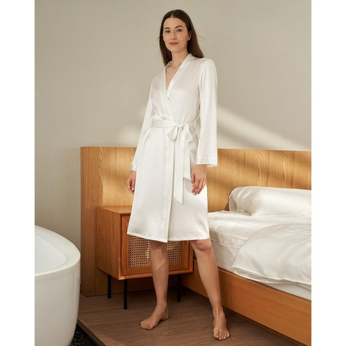 Robe De Chambre Mi longueur 100% Soie Naturelle Classique blanc LilySilk  - Lingerie pyjamas et ensembles
