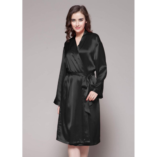 Robe De Chambre Mi longueur 100% Soie Naturelle Classique noir LilySilk  - Lingerie de Nuit et Nuisettes Grande Taille