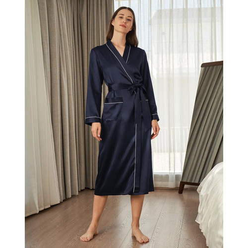 Robe De Chambre Longue En Soie Bordure Contraste bleu marine LilySilk  - Lingerie de Nuit et Nuisettes Grande Taille