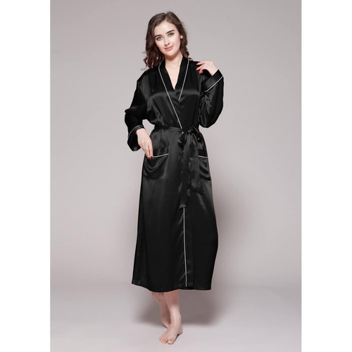 Robe De Chambre Longue En Soie Bordure Contraste noir LilySilk  - Lingerie de Nuit et Nuisettes Grande Taille