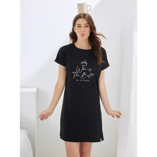Chemise de nuit à manches courtes avec impression sur le devant noir en coton Venca  - Lingerie sexy promotion