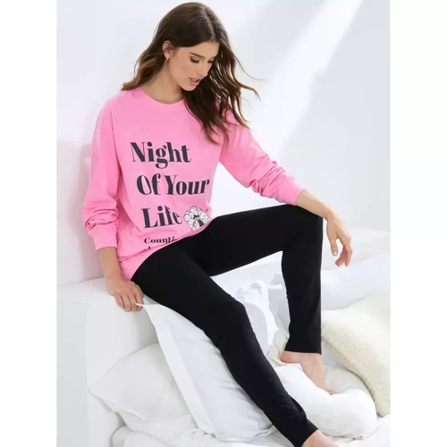 Pyjama 2 pièces : T-shirt à manches longues + pantalon rose en coton Venca  - Venca lingerie maillot