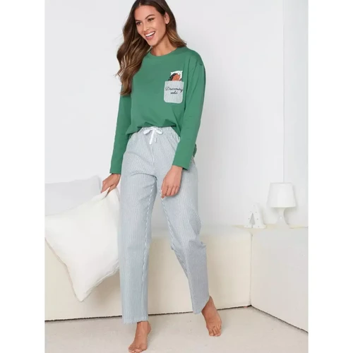 Pyjama 2 pièces T-shirt en maille et pantalon en popeline vert Venca  - Venca lingerie maillot