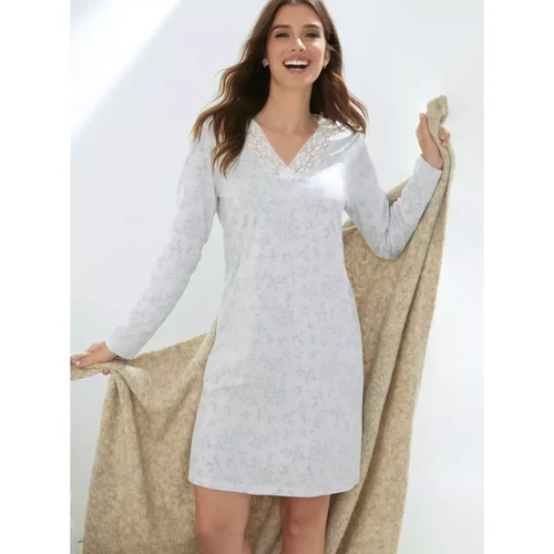 Chemise de nuit à manches longues avec dentelle à l'encolure gris en coton Venca  - Venca lingerie maillot