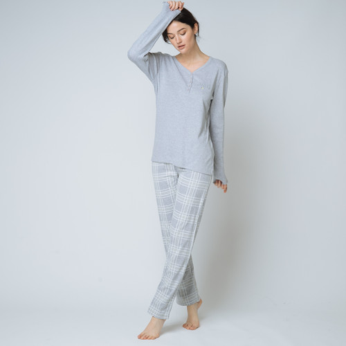 Pyjama deux pièces, pantalon à carreaux Iconic gris en coton Iconic  - Iconic Lingerie