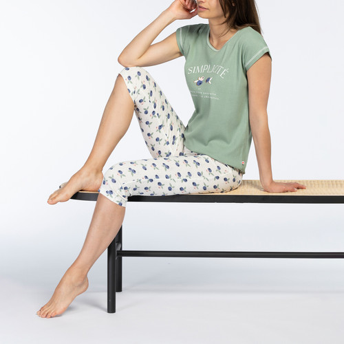 Pyjama corsaire manches longues vert en coton Dodo homewear  - Lingerie de Nuit et Nuisettes Grande Taille