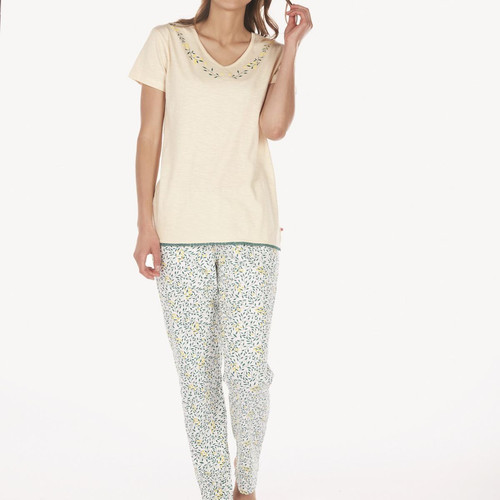 Pyjama beige/imp pour femme en coton Dodo homewear  - Dodo Homewear