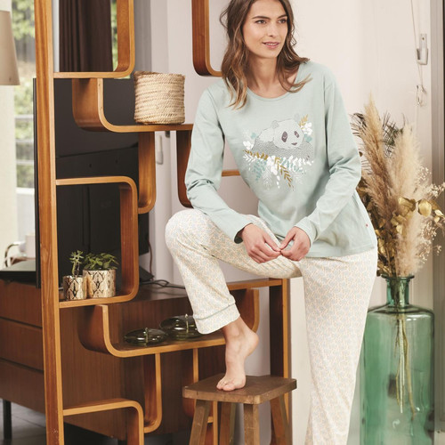 Pyjama turquoise/ecru pour femme en coton