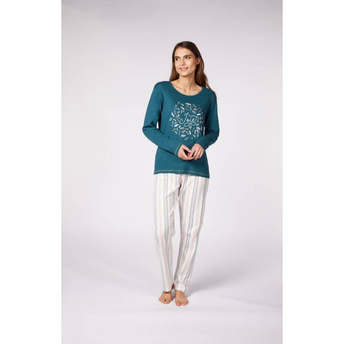 pyjama long femme - dodo homewear - vert imprimé/blanc à rayures verticales colorés en coton