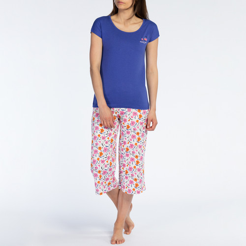 Ensemble Pyjama Femme Corsaire - Haut uni et bas imprimé bleu Naf Naf homewear  - Nouveautés lingerie et maillot grande taille