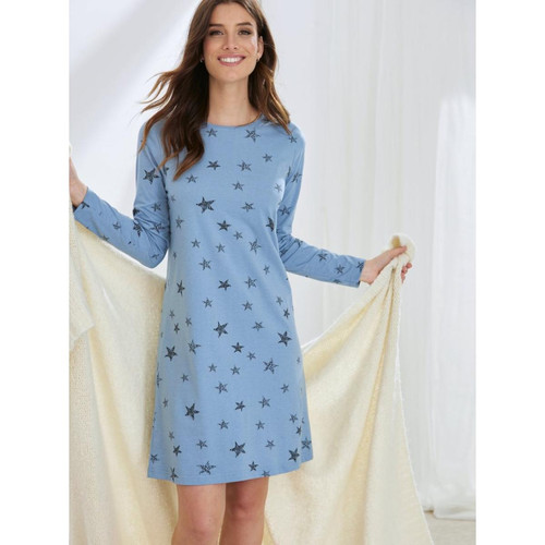 Chemise de nuit à manches longues et imprimé étoiles bleu en coton Venca  - Venca lingerie maillot
