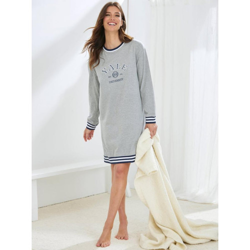 Chemise de nuit manches longues avec côte élastique bicolore gris chiné en coton - Venca - Lingerie pyjamas et ensembles