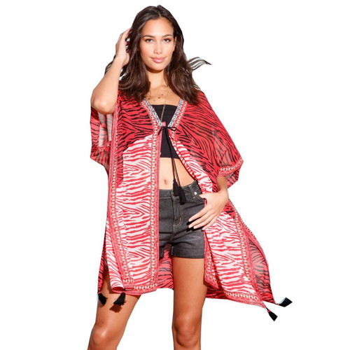 Kimono imprimé avec patte de boutonnage et glands rouge Venca  - Tenue de plage femme