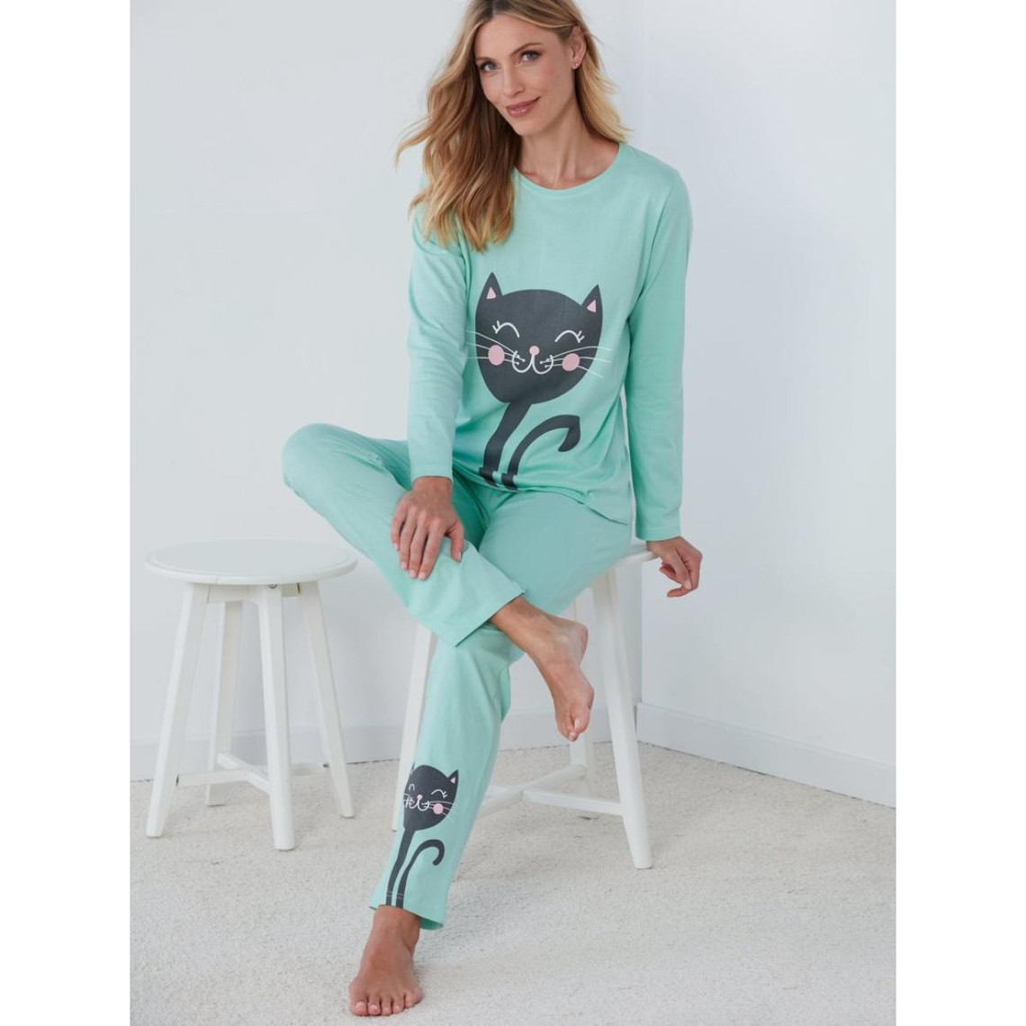 pyjama 2 pièces t-shirt + pantalon chats vert en coton