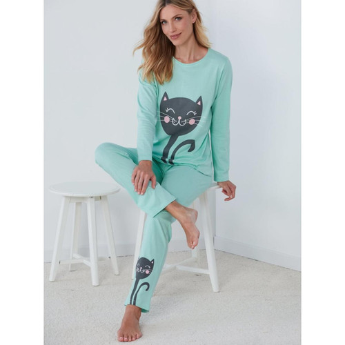 Pyjama 2 pièces t-shirt + pantalon chats vert en coton Venca  - Promo fitancy lingerie grande taille