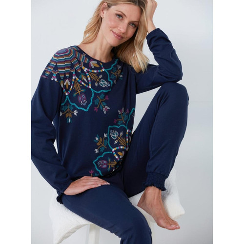 Pyjama 2 pièces T-shirt + pantalon nid d'abeille bleu marine en coton - Venca - Mix and match lingerie nuit