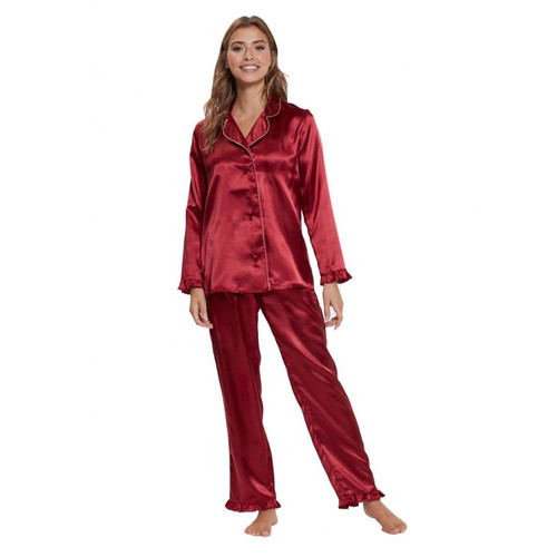 Pyjama chemise en satin à volants Venca  - Lingerie rouge